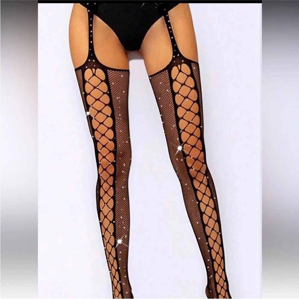 Sparkling Rhinestone Fishnet Garter Tights NEW 🏷️